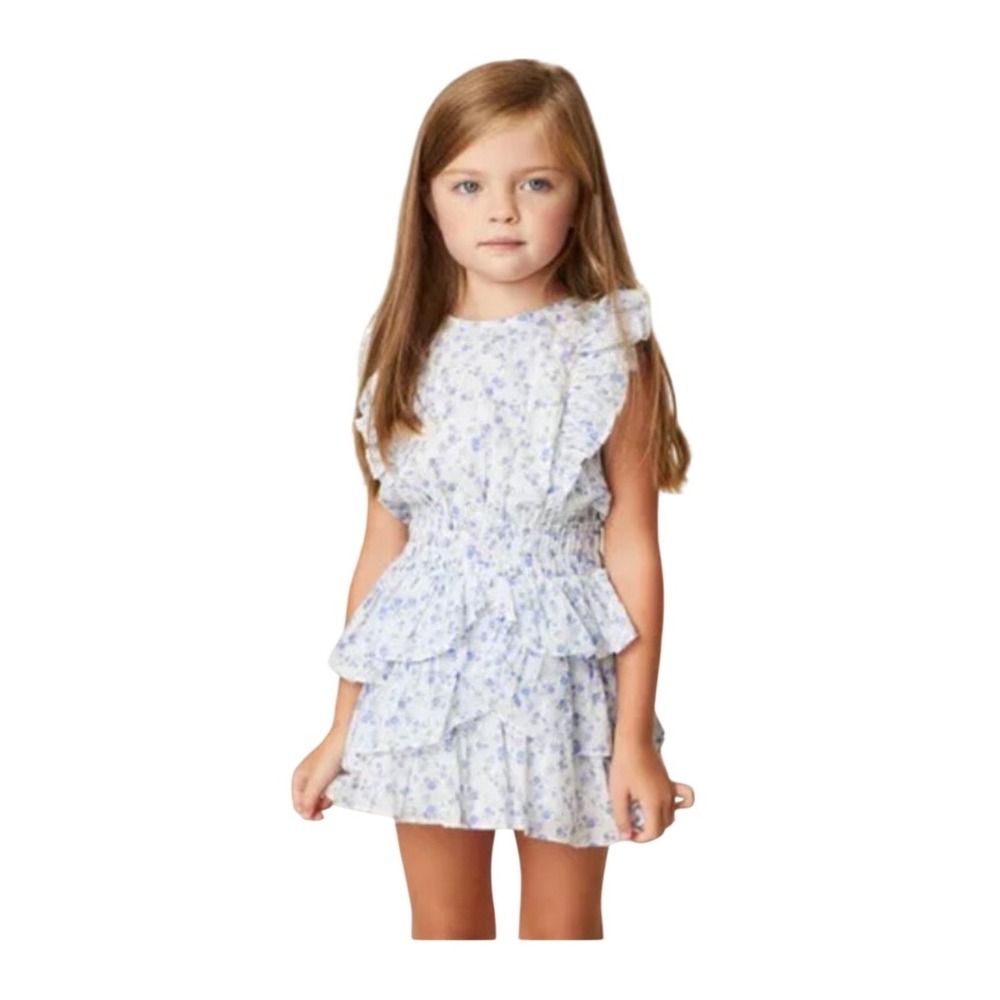 LoveShackFancy Girls Decker Heritage Dress Blue Floral Tiered Cotton Mini Dress